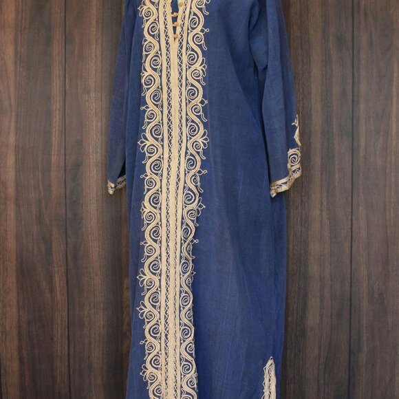 Vintage Moroccan Caftan, Blue and Gold Tunic or Dress, Traditional Middle Easter - Picture 6 of 10